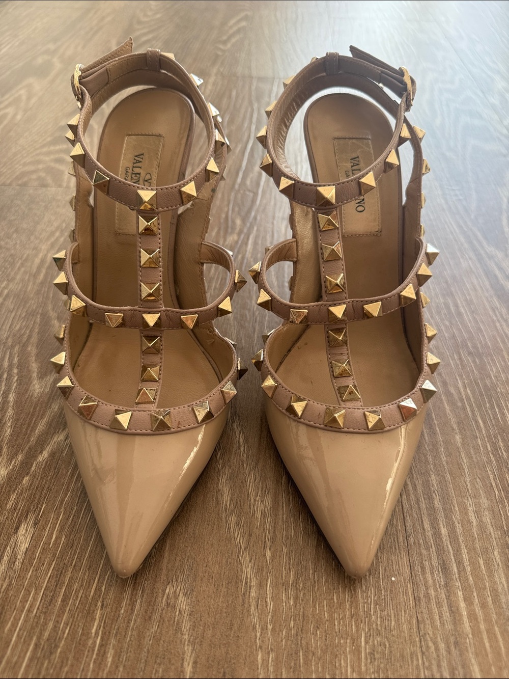 Valentino Nude Patent Leather Rockstud T-Strap Pumps